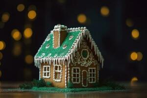 Lebkuchen Haus, ai generativ. funkeln Bokeh im das Hintergrund foto