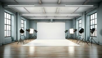 modern Studio mit hell Beleuchtung Ausrüstung und sauber leeren Raum generiert durch ai foto