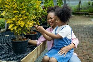 afrikanisch Mutter und Tochter ist wählen tropisch und Zier Pflanze von das lokal Garten Center Kindergarten während Sommer- zum Wochenende Gartenarbeit und draussen Konzept foto