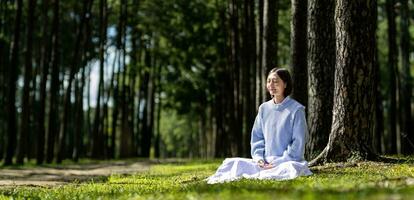 Frau entspannend üben Meditation im das Kiefer Wald zu erreichen Glück von innere Frieden Weisheit mit Strahl von Sonne Licht zum gesund Verstand und Seele zum gesund Verstand und Seele foto