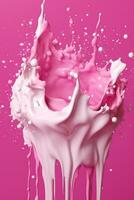hell rosa,beere Spritzer, Spritzer und Tropfen von Obst Joghurt, horizontal Format, Brombeere, Himbeere und Erdbeere.abstrakt Hintergrund, ai generiert. foto