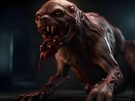3d machen von ein unheimlich Monster- mit ein rot Blut auf ein dunkel Hintergrund foto