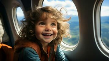 jung Mädchen Kind genießen ein Flugzeug Flug. generativ ai. foto