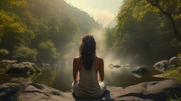 Frau üben Achtsamkeit und Meditation im ein friedlich natürlich Umgebung foto