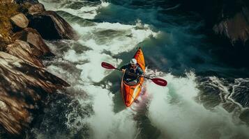 Kajakfahrer Paddeln turbulent Wildwasser Stromschnellen auf ein Berg Fluss. generativ ai. foto