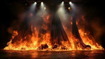 Theater Bühne mit rot Samt Vorhänge auf Feuer. generativ ai. foto