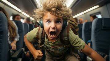 wütend Kind verursachen Chaos auf ein Flugzeug störend jedermann auf Tafel. generativ ai. foto