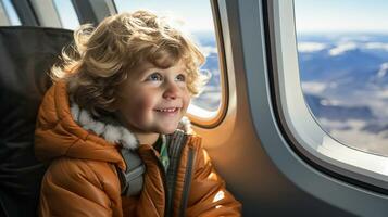 jung Junge Kind genießen ein Flugzeug Flug. generativ ai. foto