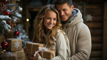 ein glücklich jung Paar halten ein eingewickelt Weihnachten Geschenk draußen im ein Licht Schneefall. generativ ai. foto