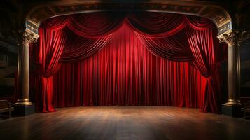 dramatisch zündete glänzend rot Samt Theater Vorhänge und hölzern Bühne Boden. generativ ai. foto