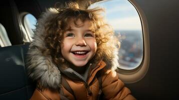 jung Junge Kind genießen ein Flugzeug Flug. generativ ai. foto