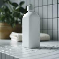 ein Weiß Flasche von Shampoo steht auf das Tabelle im Badezimmer. ai generativ foto