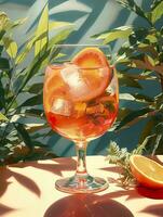 Aperol Spritz Sommer- trinken im Glas mit Schatten, tropisch Hintergrund. generativ ai foto