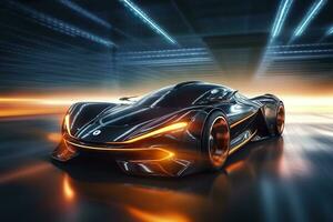 schnell Verschluss Geschwindigkeit schafft dynamisch und Aktion verpackt Bild von futuristisch Wagen. ai generativ foto