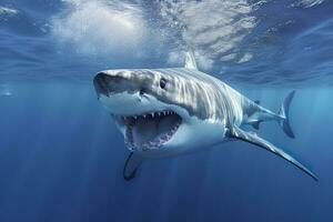 das König von das Ozean, das großartig Weiß männlich Hai Jäger unter Wasser Sicht, Guadalupe Insel, Mexiko. ai generativ foto