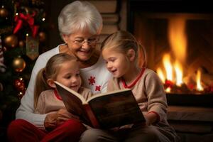 Oma lesen ein Buch mit ihr Enkelkinder im Vorderseite von ein Kamin foto