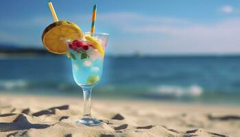 Cocktail Glas auf das sandig Strand in der Nähe von das Meer im Sommer- Zeit. generativ ai foto