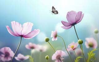 frisch Frühling Morgen auf Natur und flattern Schmetterlinge auf ein Sanft Grün Hintergrund. generativ ai foto