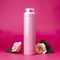 Amazonas Produkt Bild Körper waschen, Zylinder Flasche solide Farbe Rosa Hintergrund, mit Rosen, ai generativ foto