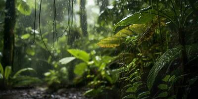 Regen Stürze im ein Regenwald mit das Regen Tropfen. generativ ai foto