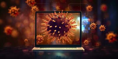 Computer Bildschirm zeigen ein Installation aktualisieren Benachrichtigung mit ein Virus Symbol, ai generativ foto