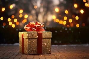 Geschenk Box mit rot Bogen auf Bokeh Hintergrund. Weihnachten oder Neu Jahr Konzept. foto