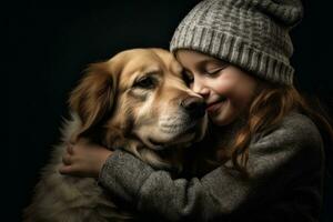 süß wenig Mädchen mit golden Retriever Hund auf ein schwarz Hintergrund foto