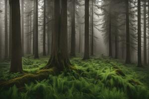 Dämmerung nebelig neblig im das Wald erstellt mit ai generativ foto