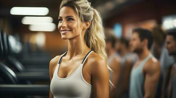 lächelnd kaukasisch Fitness Trainer Frau ist tragen Sportbekleidung im Fitnessstudio. ai generiert foto