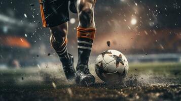 generativ ai, Fußball Stiefel treten ein Fußball Ball, Tor Moment auf das Stadion foto