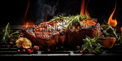 generativ ai, gegrillt Rindfleisch Steak auf das Tabelle mit Kräuter und Gewürze, schließen oben Makro Foto, ästhetisch stumm geschaltet Farben foto