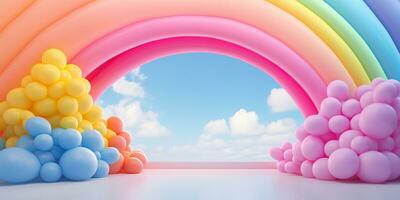 generativ ai, Regenbogen und bunt Luftballons. Geburtstag Party 3d Hintergrund. Attrappe, Lehrmodell, Simulation, Vorlage zum Begrüßung Karte foto