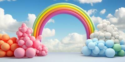 generativ ai, Regenbogen und bunt Luftballons. Geburtstag Party 3d Hintergrund. Attrappe, Lehrmodell, Simulation, Vorlage zum Begrüßung Karte foto