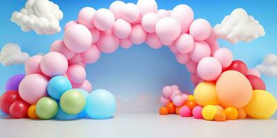 generativ ai, Regenbogen und bunt Luftballons. Geburtstag Party 3d Hintergrund. Attrappe, Lehrmodell, Simulation, Vorlage zum Begrüßung Karte foto