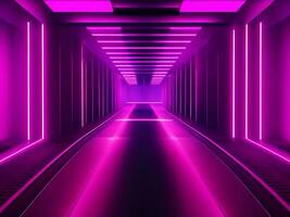 3d Wiedergabe, abstrakt Neon- Hintergrund mit Rosa glühend Linien und Fußboden Betrachtung ai generieren foto