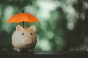 Schweinchen Bank mit Regenschirm. finanziell Versicherung und Schutz gegen Natur Hintergrund foto