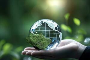 Kristall Globus Symbol zum Umgebung Sozial Führung Konzept. generativ ai foto