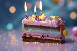bunt Geburtstag Kuchen auf Pastell- Hintergrund. Süss und köstlich glücklich Geburtstag Kuchen, Kopieren Raum. Feier Konzept. ai generativ foto