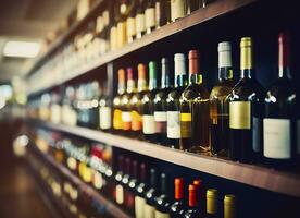 abstrakt verwischen Wein Flaschen auf Alkohol Alkohol Regale im Supermarkt Geschäft Hintergrund. generativ ai foto