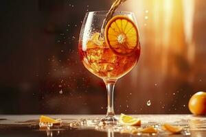 Aperol Spritz Sommer- trinken im Glas mit Schatten, tropisch Hintergrund. generativ ai foto