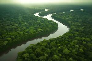 Antenne Aussicht von das Amazonas Urwald Landschaft mit Fluss biegen. generativ ai foto