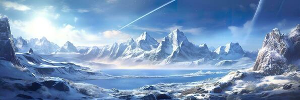 riesig verlassen Schnee Land, groß Berge im das Hintergrund, Schneefall mit Licht Blau Himmel und Licht Blau Farben, friedlich Atmosphäre, ai generativ foto