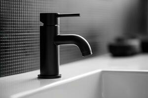 ein minimalistisch Badezimmer schließen - - oben mit ein glatt, matt schwarz Wasserhahn mit Wasser Tröpfchen glitzernd generativ ai foto