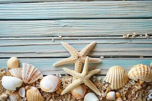 Lager Foto von ein Sommer- Zeit Konzept mit Meer Muscheln und Seestern auf ein Blau hölzern Hintergrund generativ ai