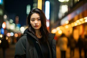 asiatisch Mädchen mit modisch Outfit posieren im geschäftig Stadt generativ ai foto
