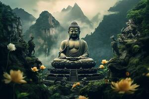 Buddha Statue im das Berge, mit Lotus Blumen, natürlich Beleuchtung, natürlich Umfeld. generativ ai foto