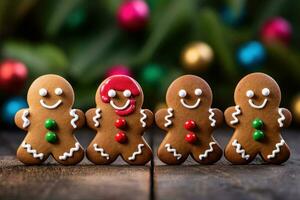 klein Lebkuchen Kekse dekoriert zu aussehen mögen glücklich Menschen im anders Farben ai generiert foto