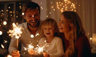 glücklich Familie mit Weihnachten Wunderkerzen beim Zuhause ai generiert foto