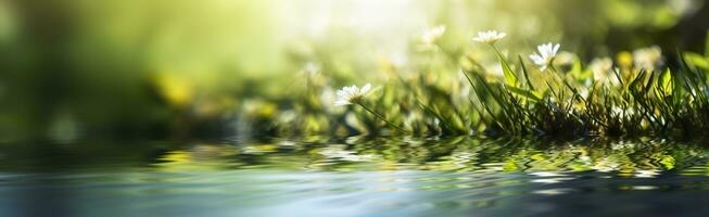 verschwommen Bild von natürlich Hintergrund von Wasser und Pflanzen. generativ ai foto