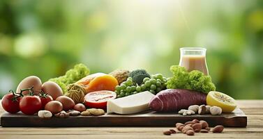 Nahansicht von Gemüse, Früchte, und Fleisch auf hölzern Tabelle Über Grün natürlich Hintergrund. generativ ai foto
